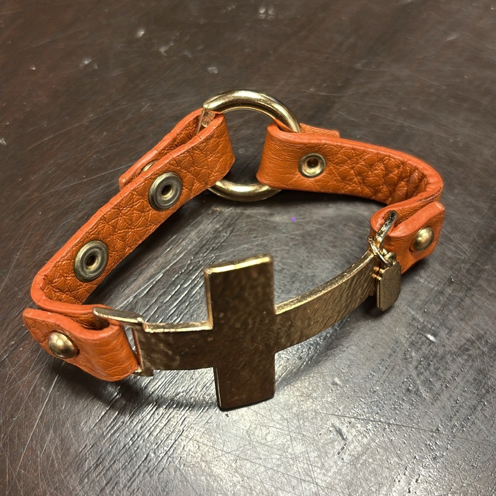 Gold Tone Cross Bracelet with Adjustable Brown Leather Strap Christian Jewelry - Picture 7 of 7